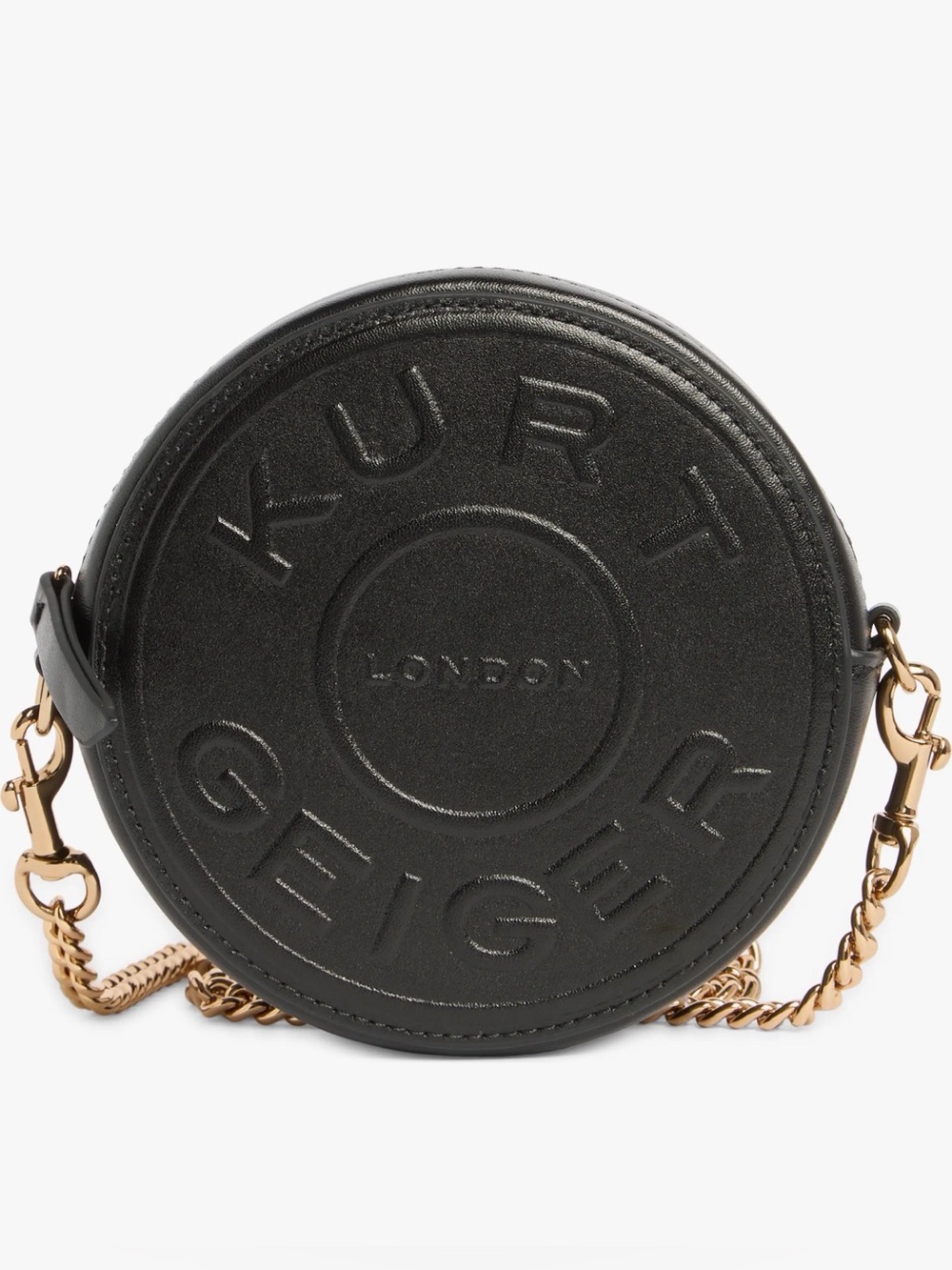 Kurt Geiger Black Round BROMLEY Crossbody With Antique Gold Chain Strap